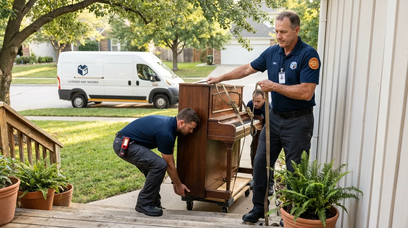 Licensed piano movers securing grand piano in Waltham, MA