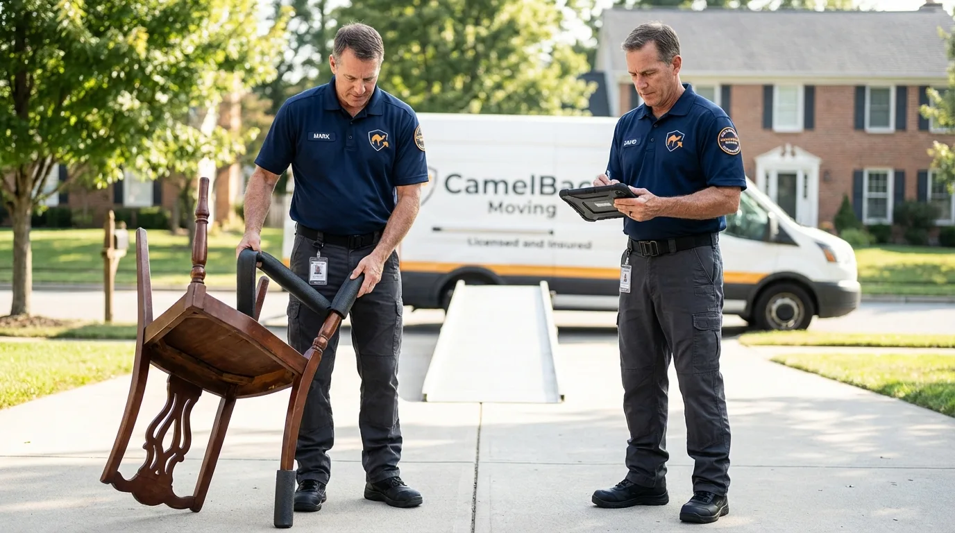 Movers inspecting furniture for damage prevention before loading in Waltham, MA