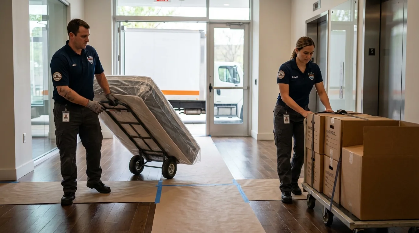 Professional apartment movers loading elevator in Waltham, MA