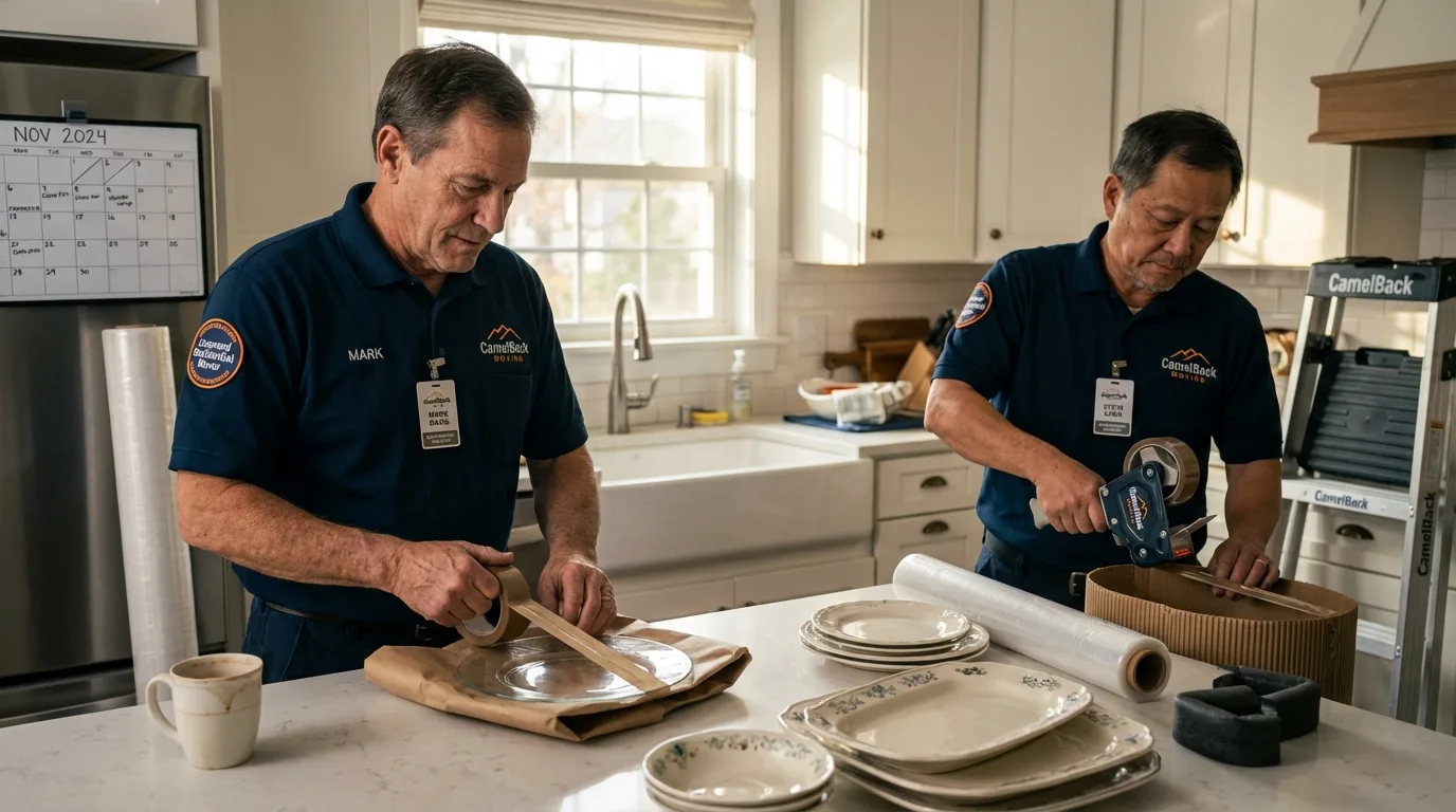Professional crew packing kitchen dishware in Waltham, MA